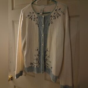 Women's Vintage Koret Cardigan in Cream and Blue with Embroidery Size L